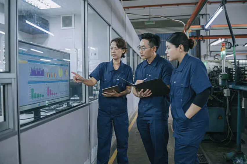 Engineers reviewing production data on the factory floor